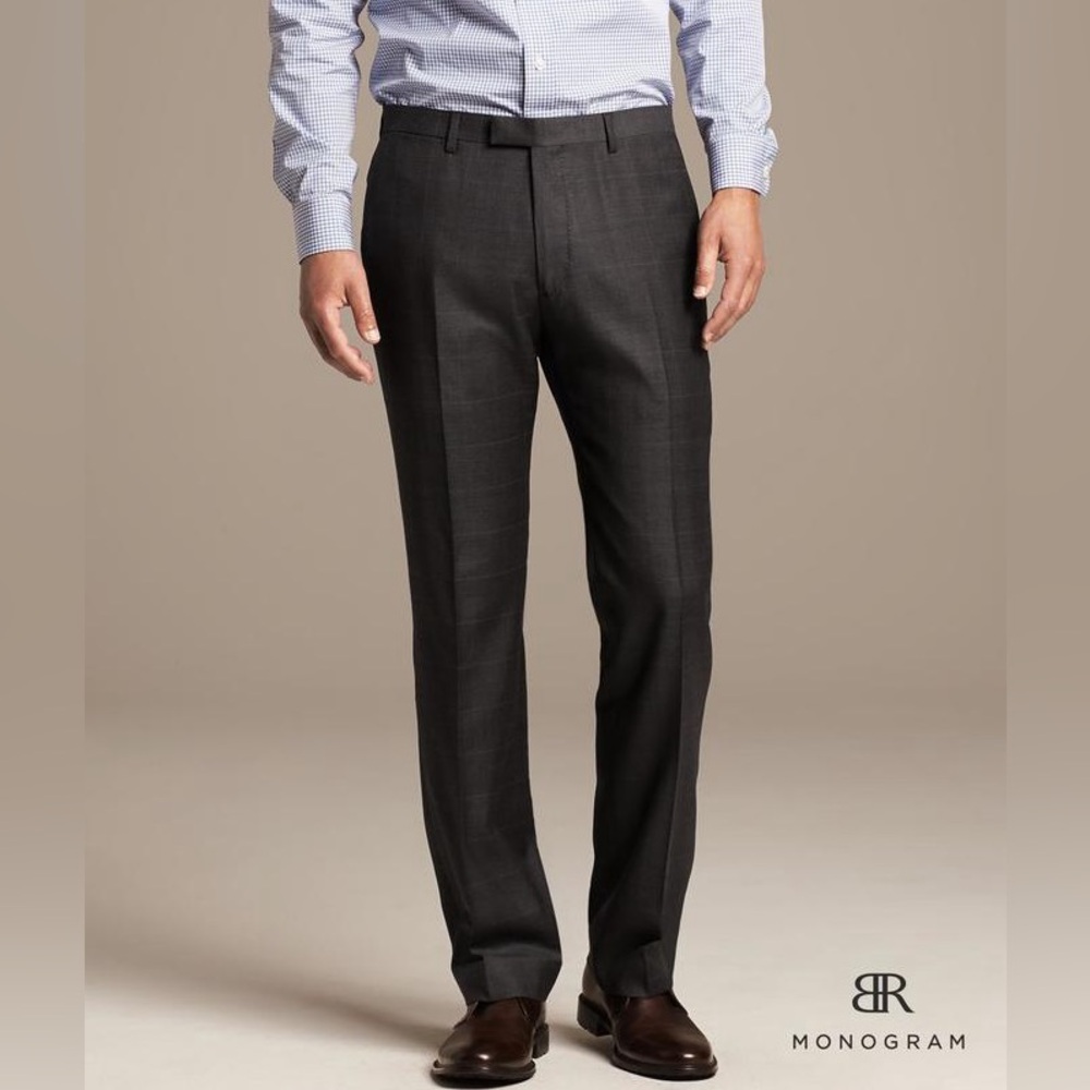 NWT Banana Republic Grey Plaid BR Monogram Italian Wool Suit Trowser Dress Pants